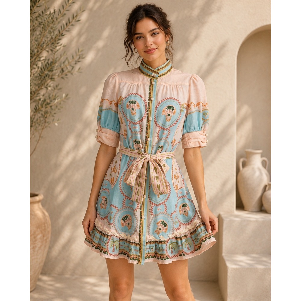 NWT Mia Milani Paloma Mini Dress Sz S Palm Spring Print Linen Blend $119 Boho